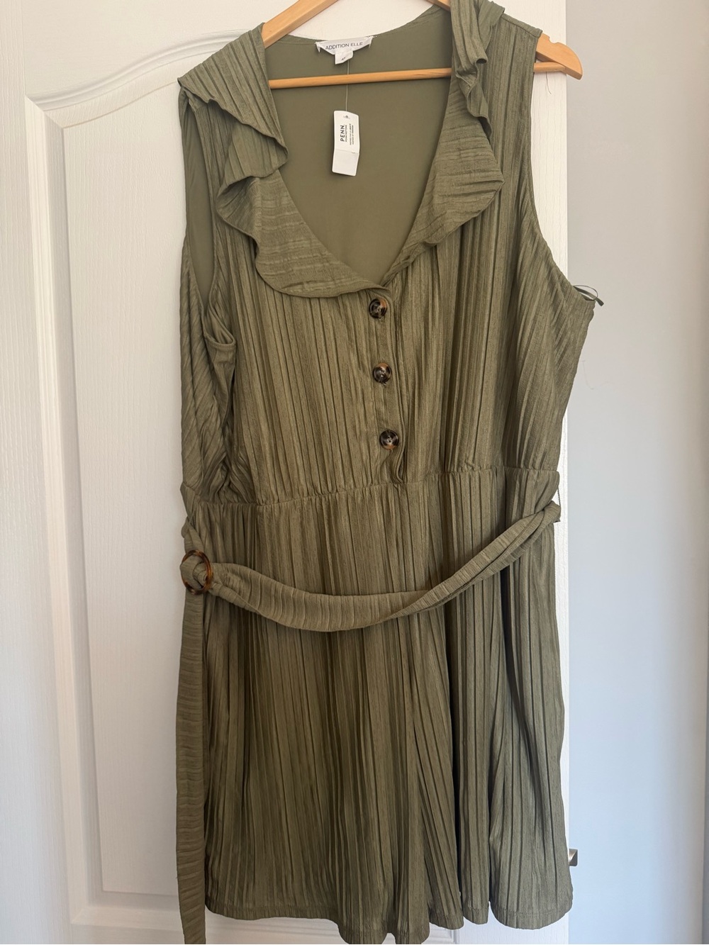 Addition Elle Olive Green Sleeveless Ruffle Collar Midi Romper